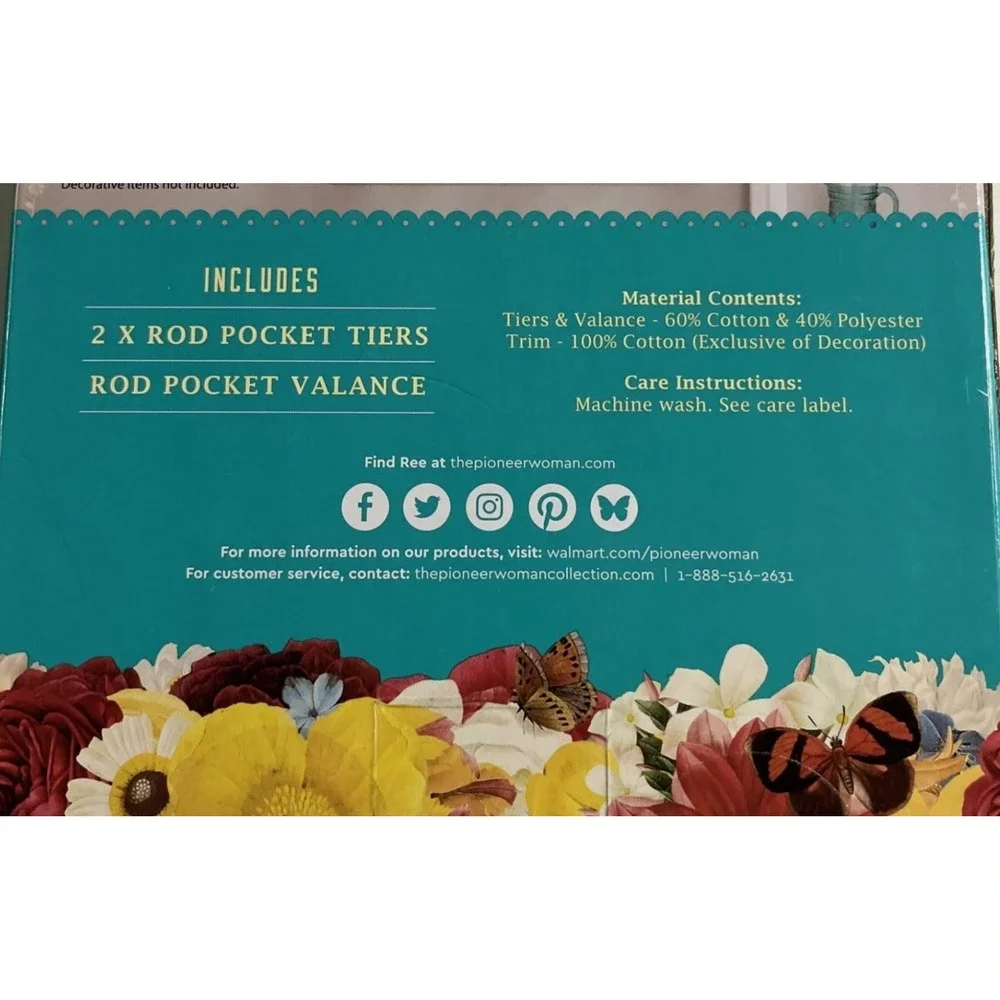 Pioneer Women Small Window Curtain Set Sweet Rose 2 Rod Pocket Tiers & Valance - Picture 5 of 5